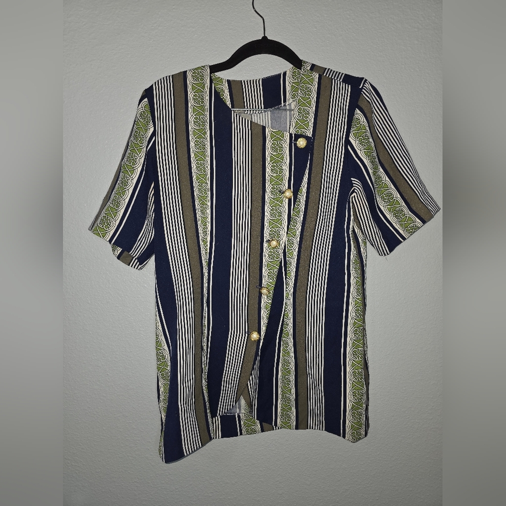 Striped Button-Up Shirt with Green Accents With Matching Skirt